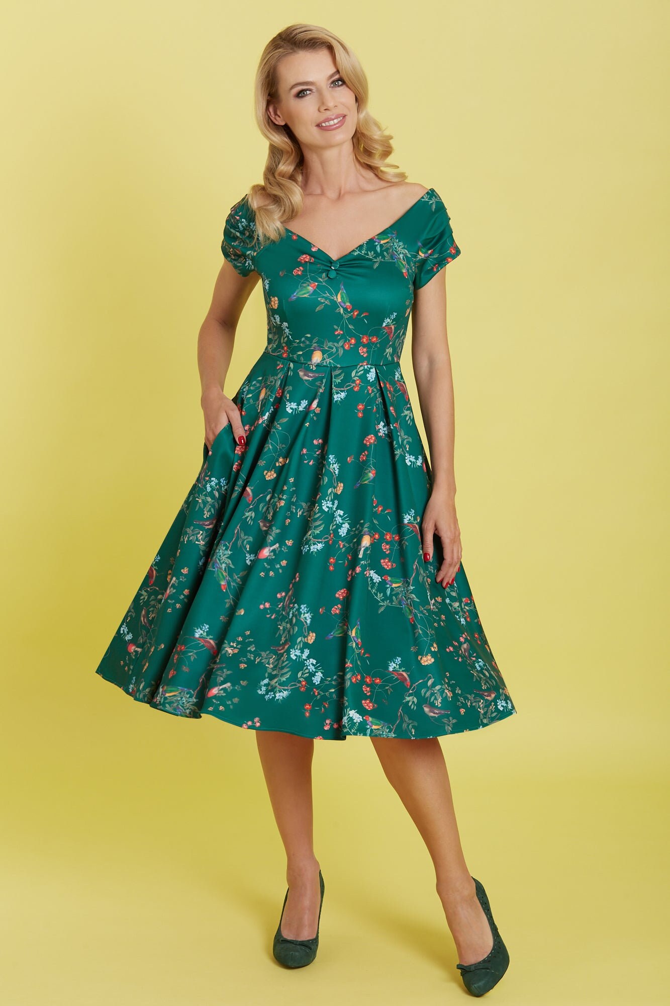 green forest birds midi dress Scarlette Long Sleeved Midi Dress in Green Bird Print
