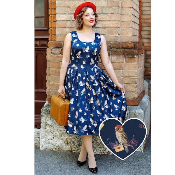 Amanda Owl & Letter Swing Dress in Dark Blue