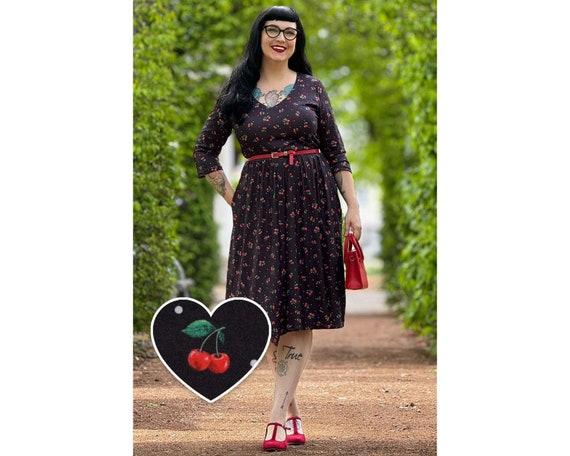 strapless open back dress COLLECTIF Women's Vintage Inspired Cherry Print Swing Dress, Black, UK18 main image 0