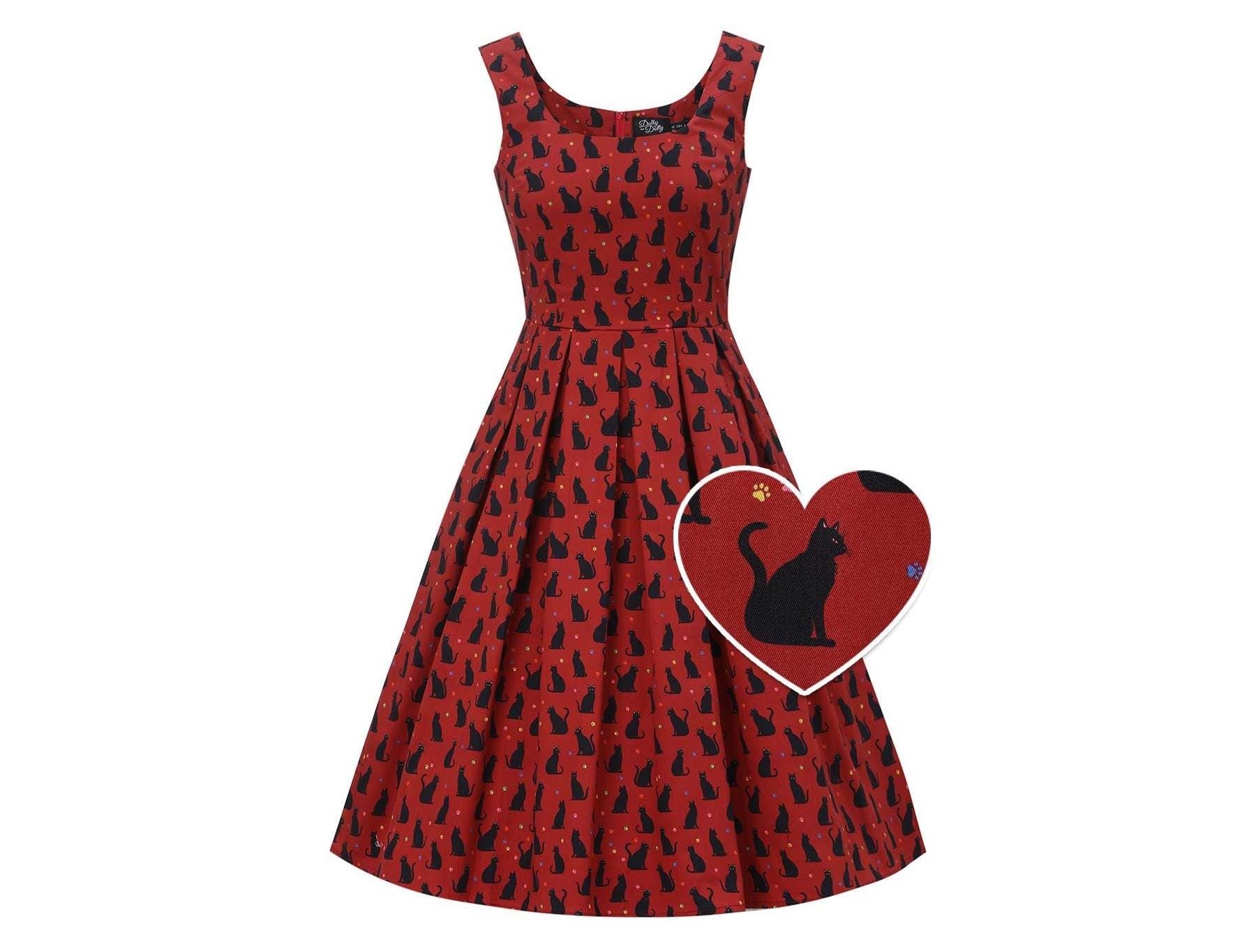 Amanda Black Cat Swing Dress in Burgundy - Etsy