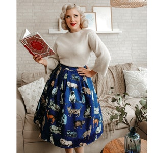 Cute Box Pleat Skirt in Blue Kitty Cat Print  With Pockets