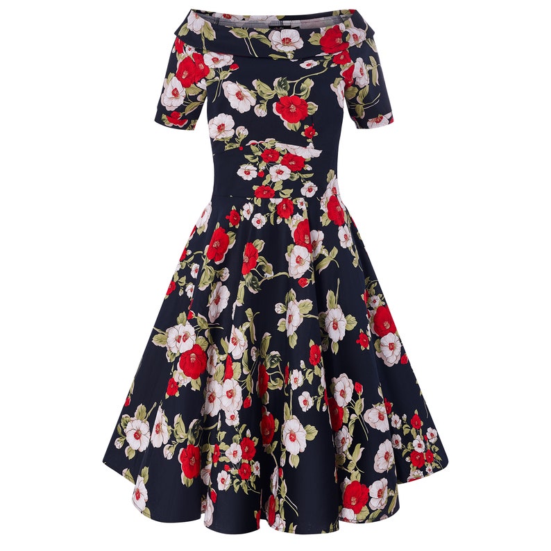 Navy Blue Floral & Rose Print Short-sleeved Retro Swing Dress - Etsy