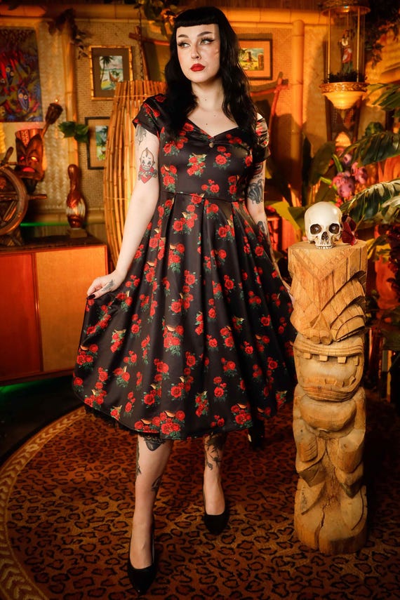 Lily Red Rose & Bird off Shoulder Dress in Black - Etsy