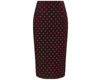 Falda Chic Pencil Plain Skirt in Black and Red Polka dot