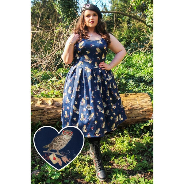 Vintage Owl & Letter Swing Dress in Dark Blue Wizard Spooky Print