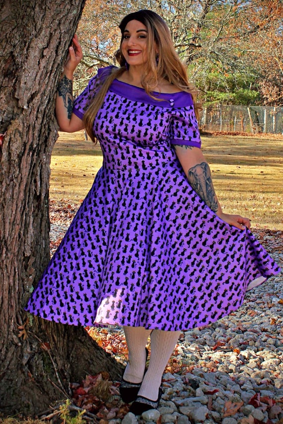 Darlene Purple Black Cat Swing Dress - Etsy