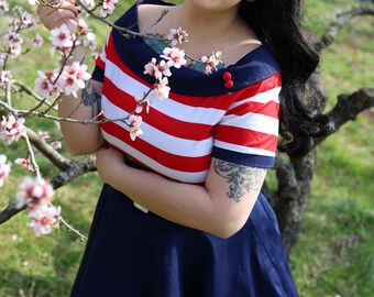 Darlene Nautical Swing Dress in Navy With Red White Stripes