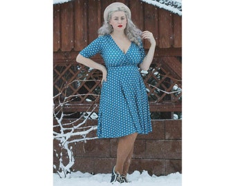 Matilda Peacock Blue & Cream Polka Dot Wrap Dress