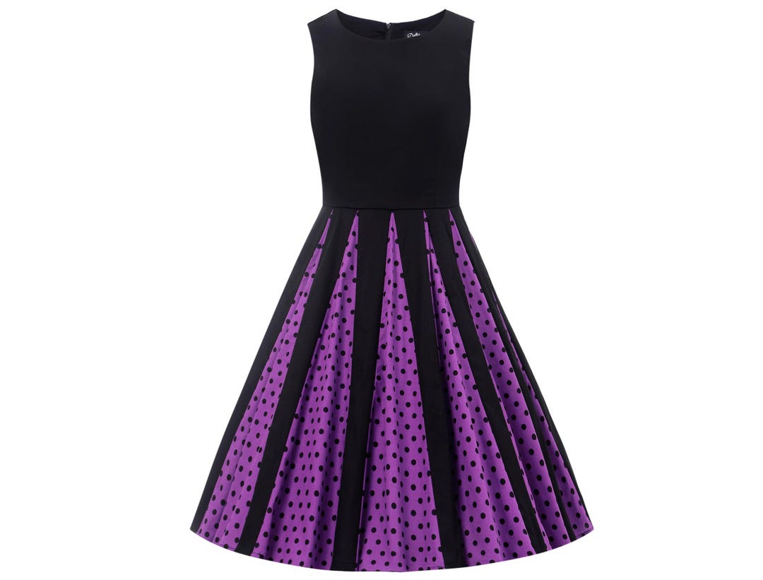 purple and black polka dot dress Judith Pleated Black/purple Dress With Polka Dots
