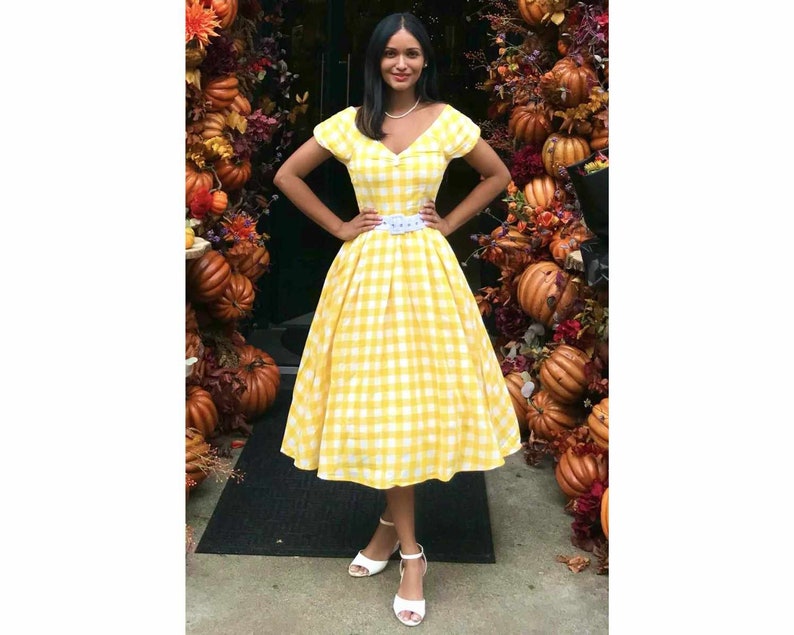 Lily Off Shoulder Yellow Gingham Dress image 1