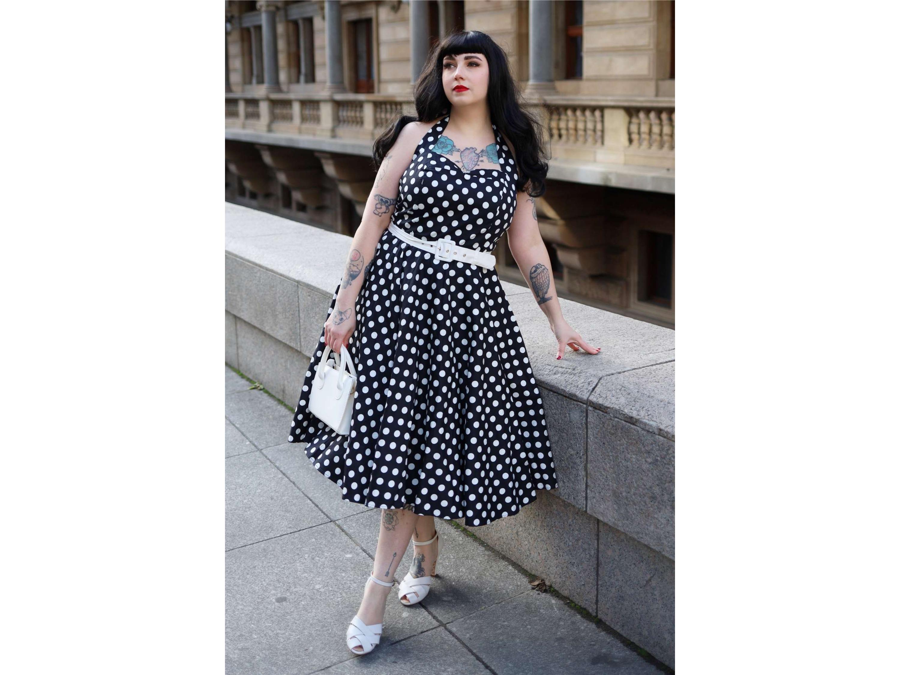 black and white polka dot halter dress Polka Dot Halter Mini Dress Ruched White & Black | Ruffle Summer Party  Dress | Backless Cocktail Tie-Neck Fit & Flare Vacation Outfit main image 1