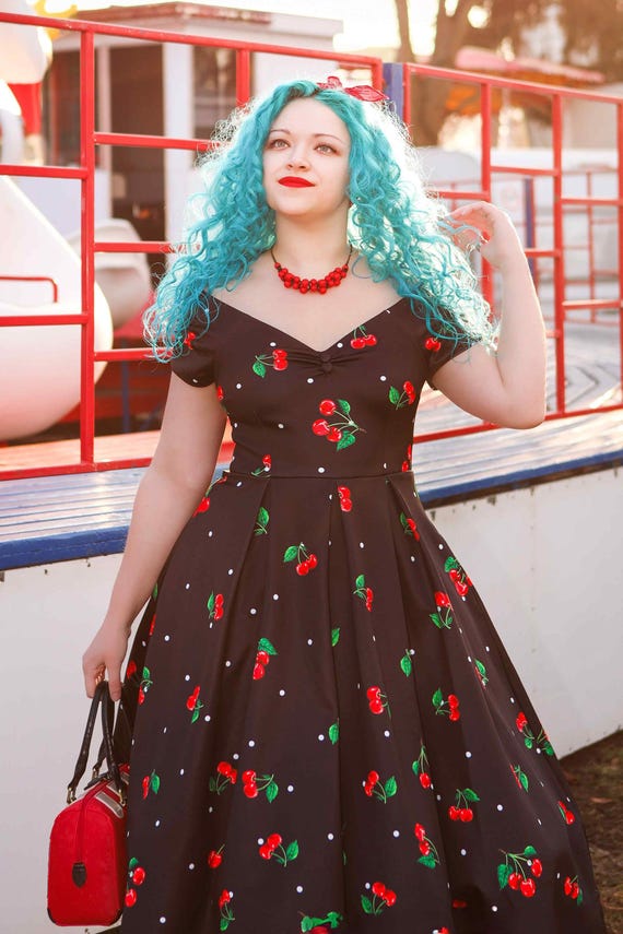 cherry off the shoulder dress Lily Cherry Off Shoulder Dress In Black