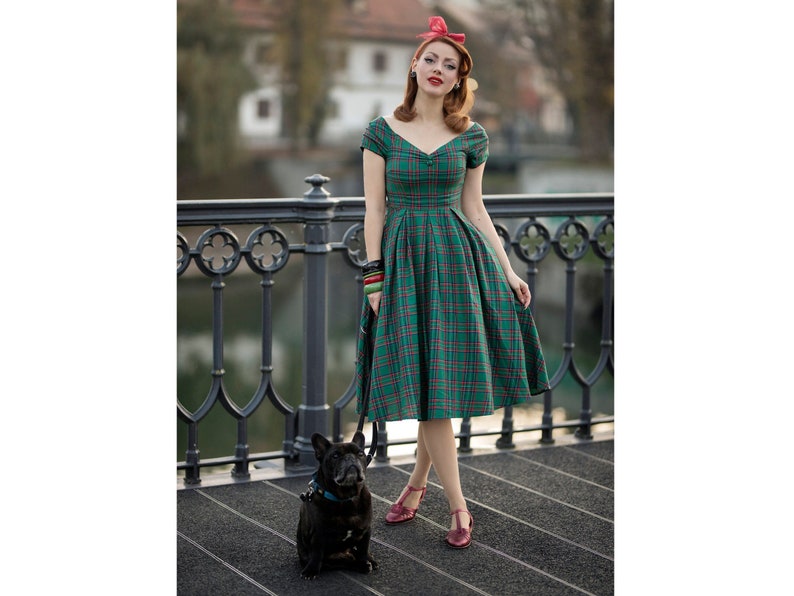 Green Tartan Off The Shoulder 50s Inspired Pocket Swing Dress 