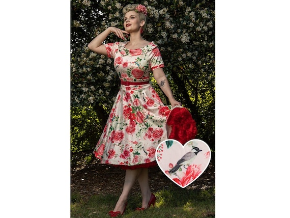 Darlene Vintage Peony Floral Tea Dress in White & Pink - Etsy