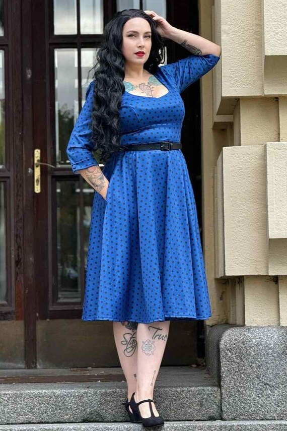 blue and black polka dot dress Navy Polka Dot Jacquard Angela Midi Dress main image 0