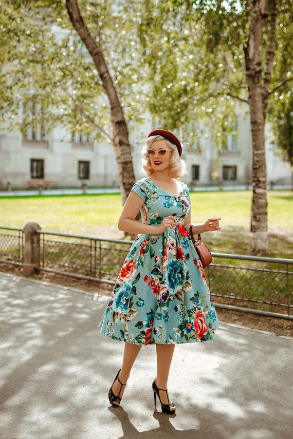 Summer Blue Floral off Shoulder Swing Dress -  Canada