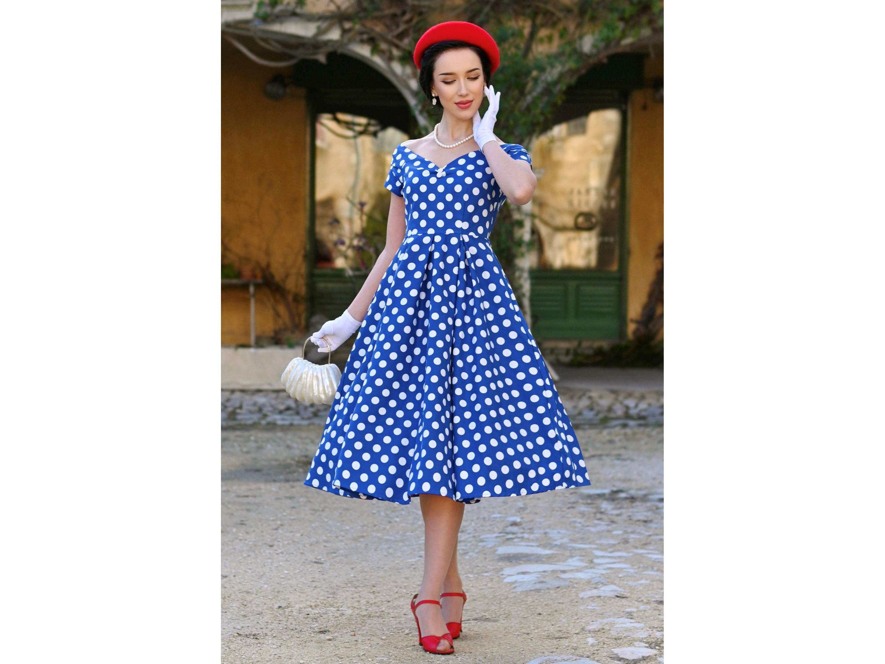 blue polka dot off the shoulder dress Cute Navy Blue Polka Dot Dress - Off-the-Shoulder Midi Dress