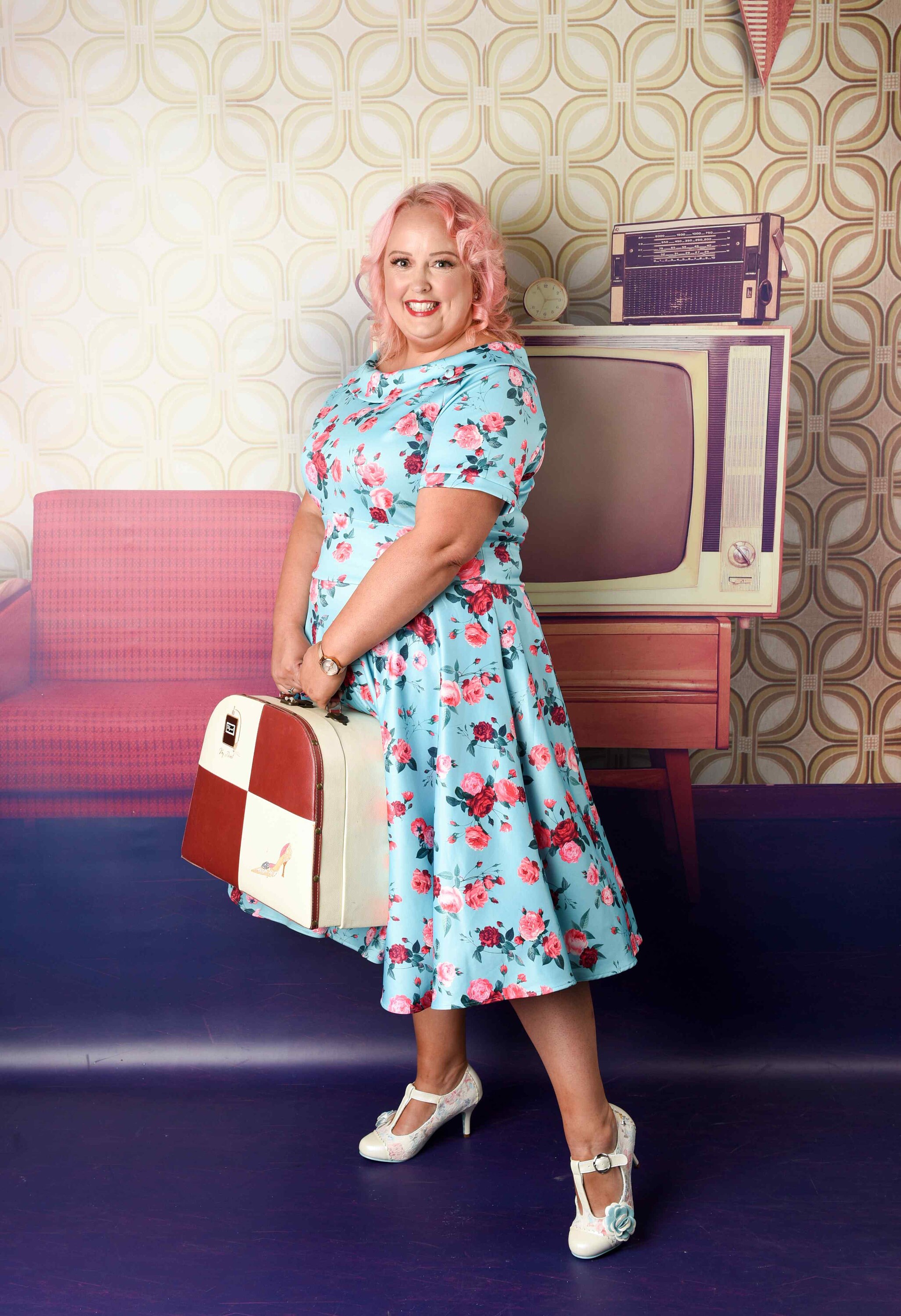 Darlene 50s Style Rose Floral off Shoulder Swing Dress in Aqua