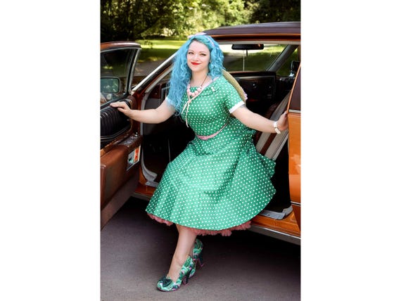 Darlene Full Circle Green Polka Dot Swing Dress - Etsy Darlene Full Circle Green Polka Dot Swing Dress - Etsy