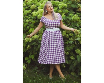 Lily Off Shoulder Purple Gingham Dress