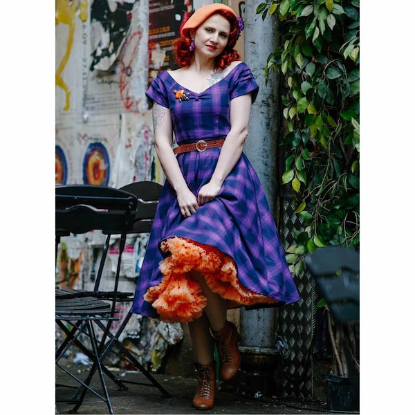 Lily Purple Tartan Check Off Shoulder Swing Dress