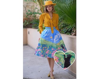 Aisley Cat Adventure Pleated Midi Skirt