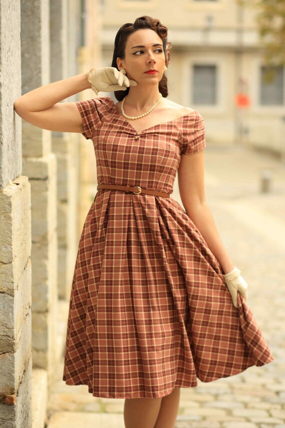 Lily Burgundy Tartan off Shoulder Swing Dress