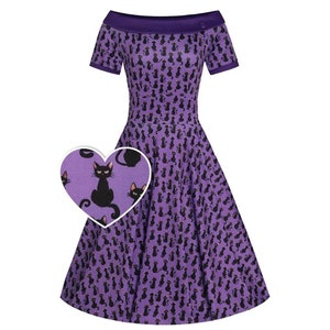 Darlene Purple Black Cat Swing Dress