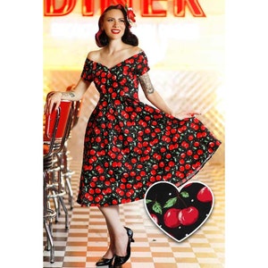 Rockabilly Retro Off Shoulder Black & Red Cherry Swing Dress With Sleeves and Pockets
