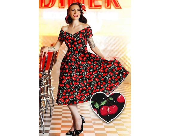 Rockabilly Retro off Shoulder Black & Red Cherry Swing Dress With