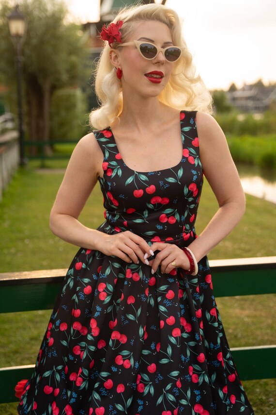 black and red cherry dress Red Cherry Dress Pin Up Dress Rockabilly Dress 1950s Dress Retro Dress Swing Dress Party Dress Vintage Dress Summer Dress Cherries Dress