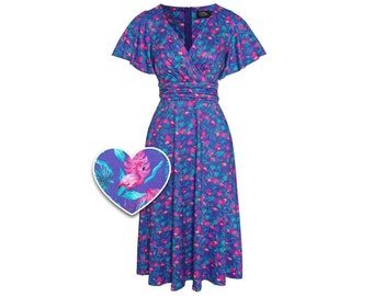 Donna Purple Flamingo Crossover Bust Tea Dress