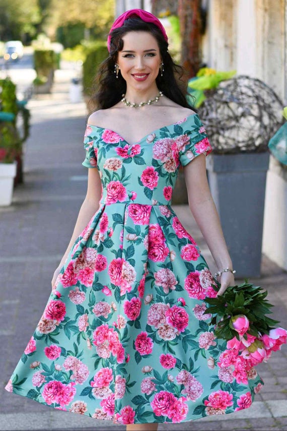 Lily Pink Peony off Shoulder Dress in Mint Green - Etsy