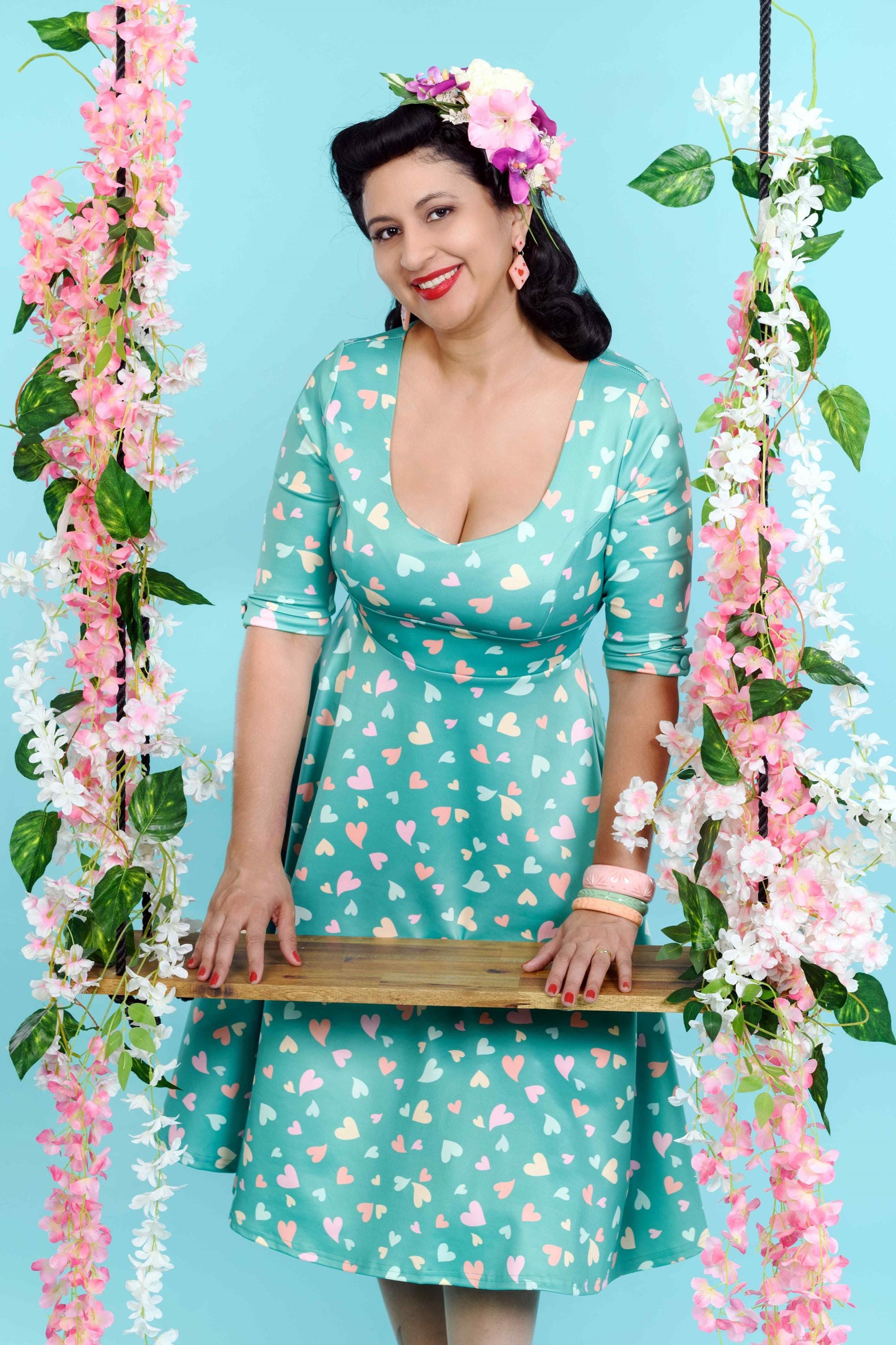 green heart print dress Black & Mint Green Heart Print Ruffle Hem Shift Dress