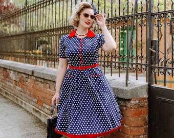 Penelope Navy Blue Polka Dot Rockabilly Shirt Dress
