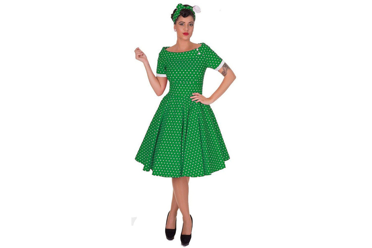 Summer Vintage Inspired Full Circle Green Polka Dot Swing Dress