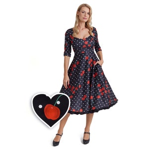 Scarlette Long Sleeved Black Red Cherry Midi Dress