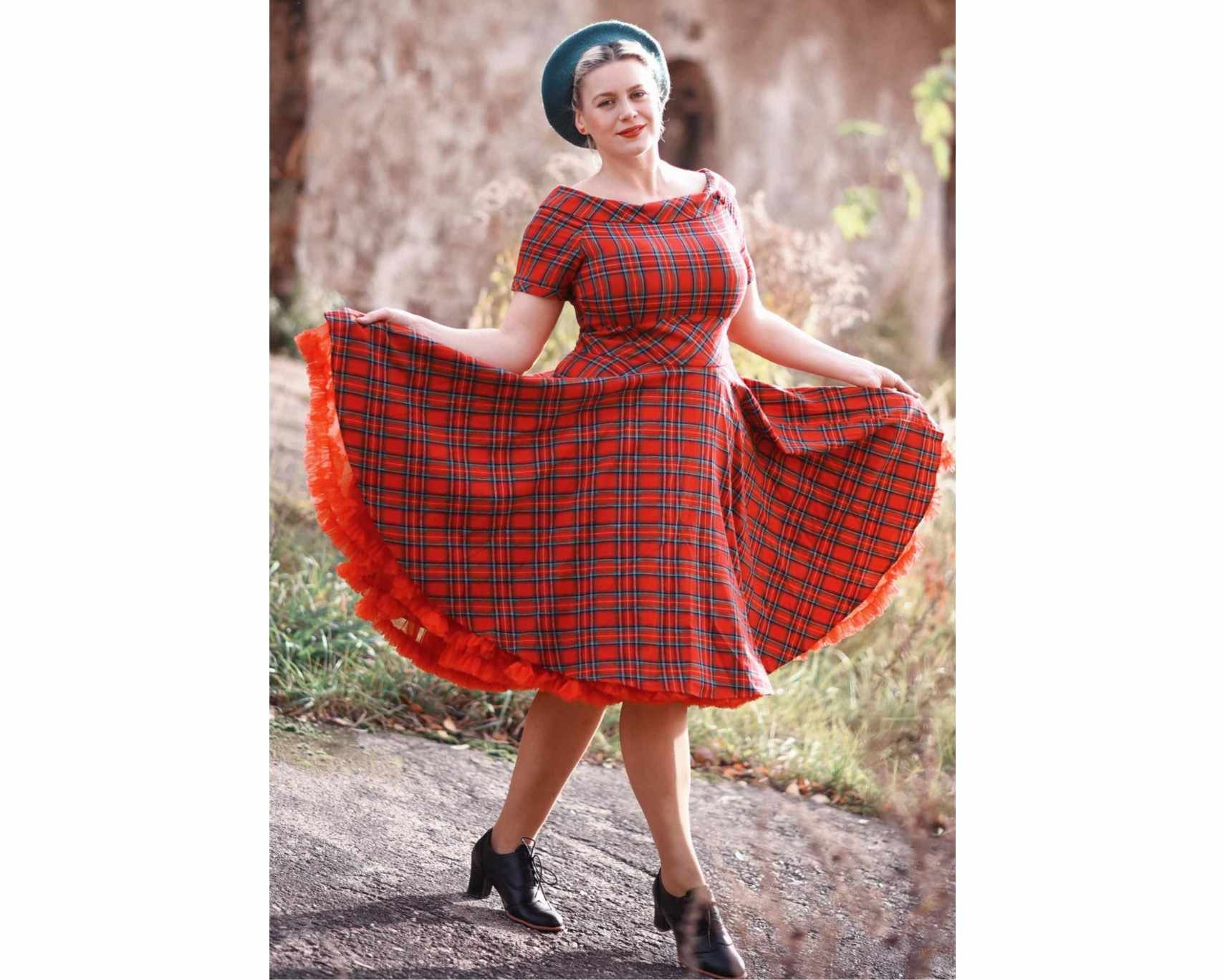 Vestido circular a cuadros de tartán rojo retro Highland para mujer -   México
