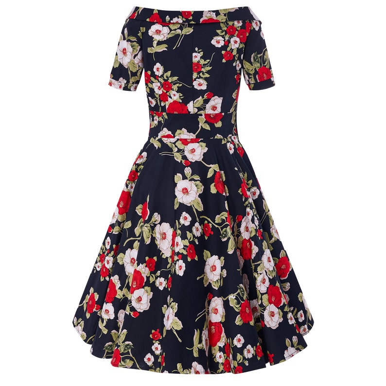 Navy Blue Floral & Rose Print Short-sleeved Retro Swing Dress - Etsy