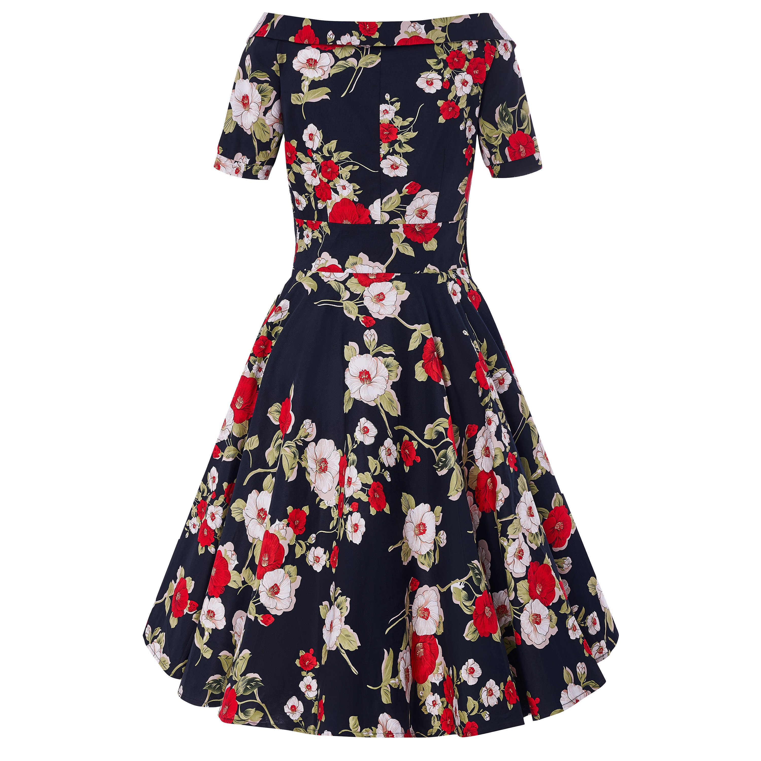 Navy Blue Floral & Rose Print Short-sleeved Retro Swing Dress | Etsy UK