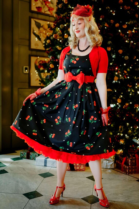 Amanda Black Cherry Retro Flared Dress in Cotton - Etsy