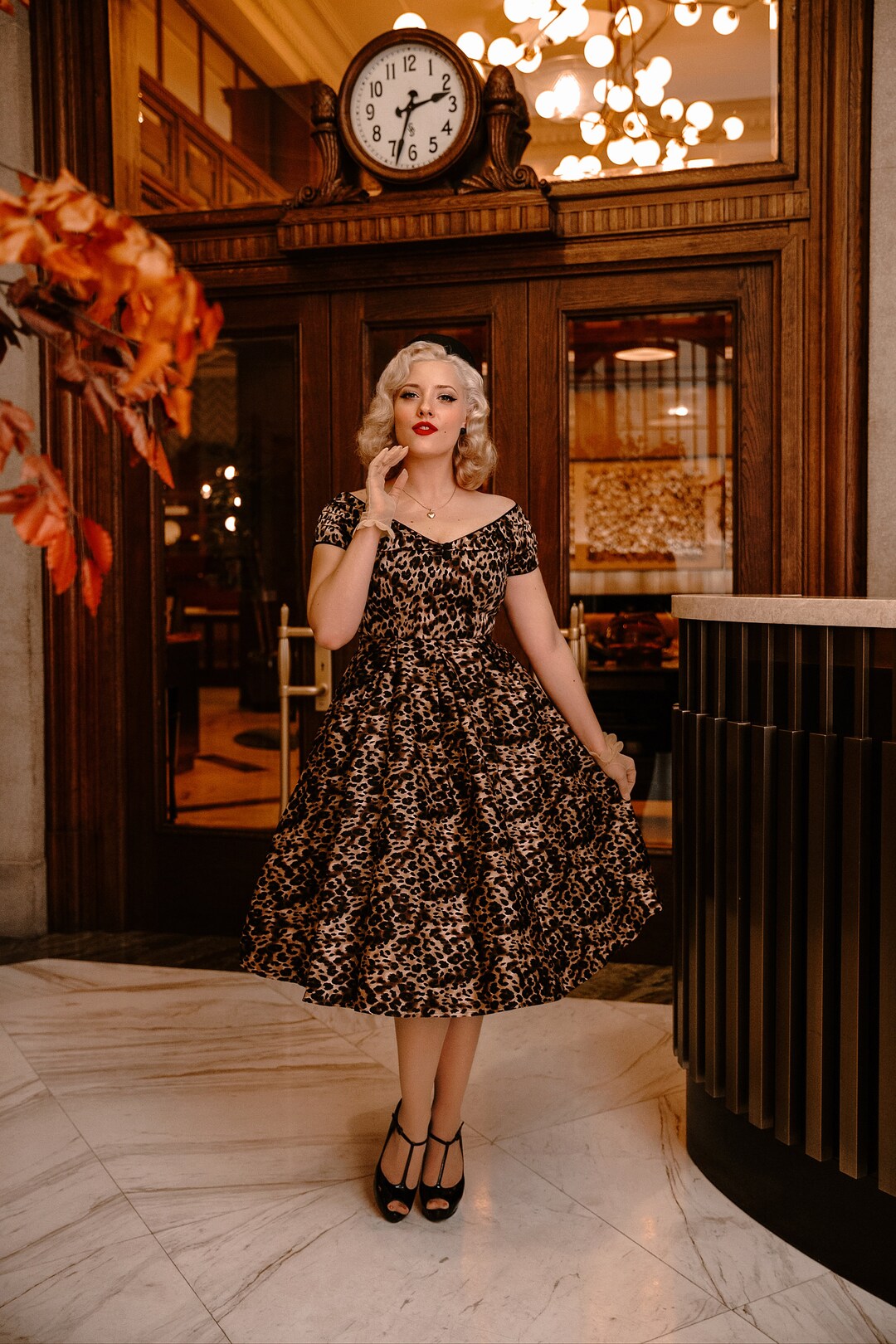 Lily Off-shoulder Swing Dress in Brown Leopard Print UK