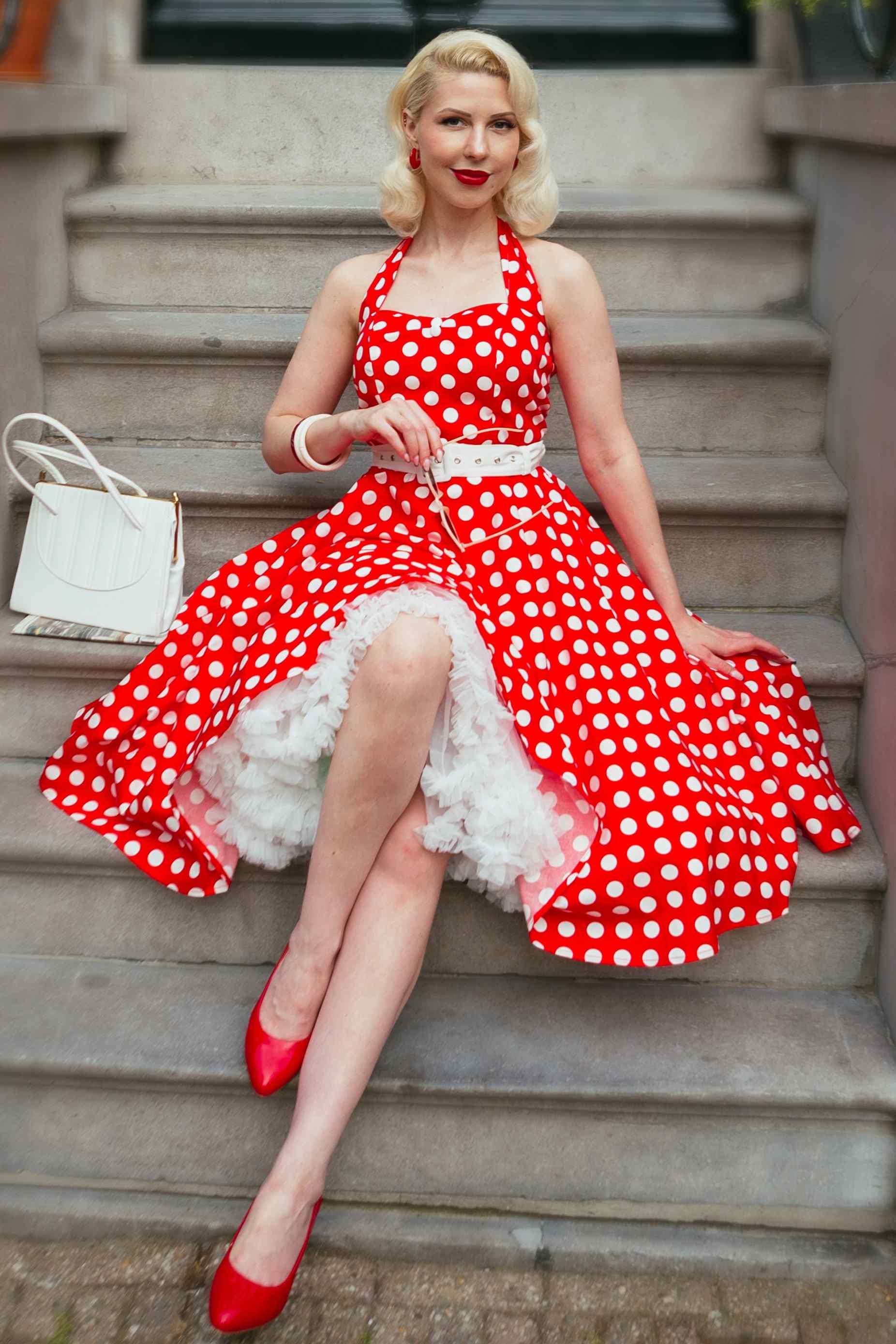 strapless open back dress Zapaka Women Red White Satin Maxi Polka Dots Dress Spaghetti Straps Deep V-Neck A Line Vintage Summer Dress, Red White Dot / AU6 main image 0