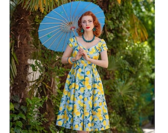 Lily Off Shoulder Blue/Yellow Lemon Dress