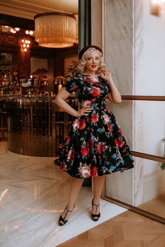 Darlene Rockabilly Floral Roses Swing Dress in Black - Etsy