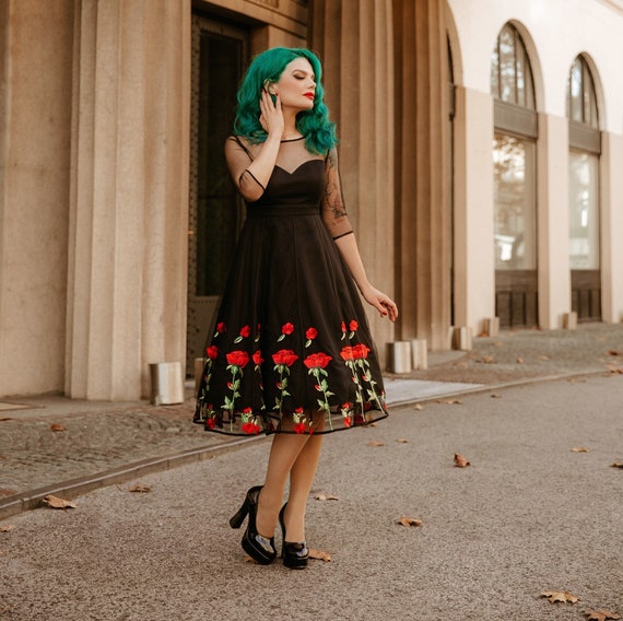 Ruby Black Evening Mesh Dress With Embroidered Roses - Etsy