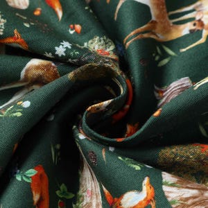 Close up View of Dark Green Shirt Dress In Forest Woodland Print