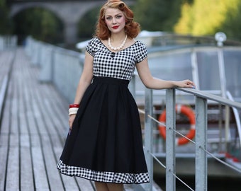 Women's Off Shoulder Monochrome Checkered Swing Dress