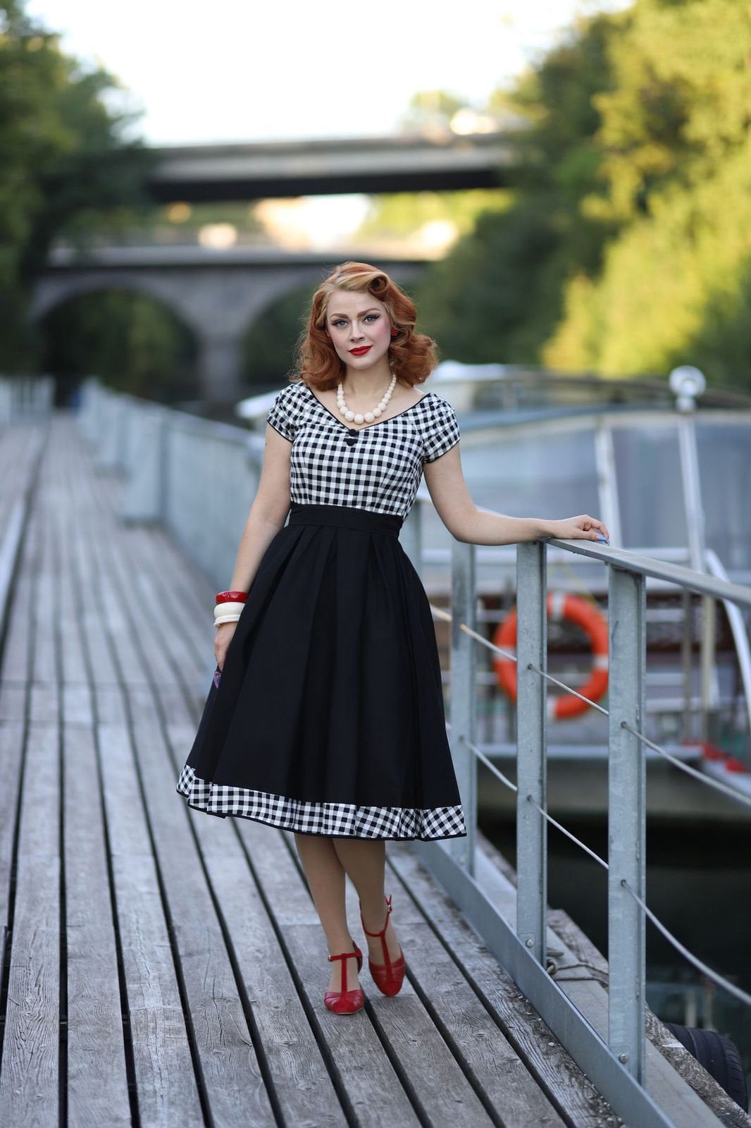 Lily Off Shoulder Black/White Gingham Swing Dress