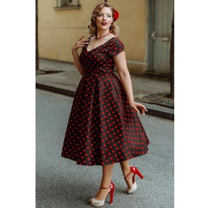 Lily Rockabilly Polka Dot Off Shoulder Swing Dress In Black & Red